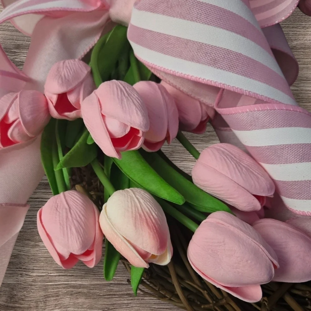 Handmade Charming Pink Tulip Wreath with Striped Bow Spring Wreath